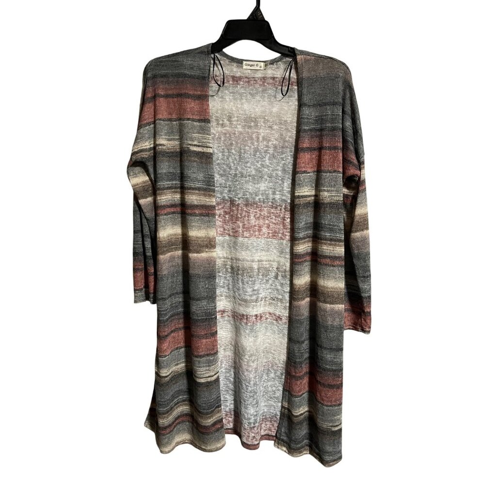 Ginger G Womens Open Front Cardigan Large Striped Knit Lightweight Duster